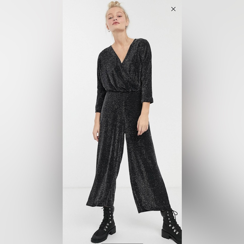 Monki Wrap Wide Leg Jumpsuit in Black Glitter